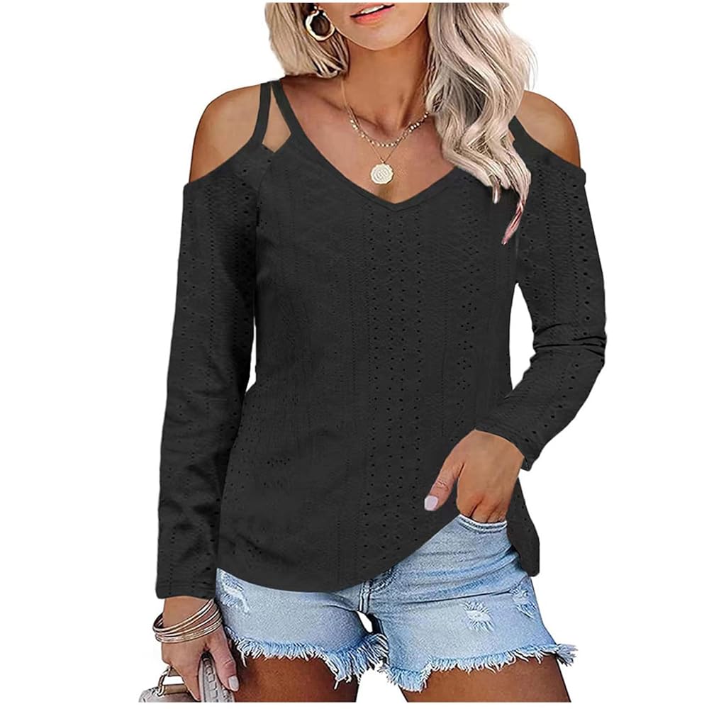 トップス Cold Shoulder Long-Sleeved Blouse Women Cold Shoulder Tops and Blouse Eyelet Embroidery Long